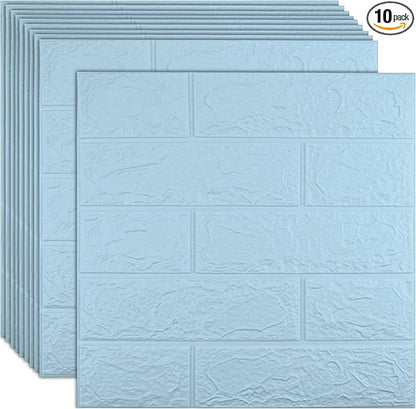 10 PCS Blue 3D Wall Panels, 14.5 sq.feet Coverage, Printable Wallpaper Sticker with Self-Adhesive Waterproof Brick PE Foam Wall Panels Peel and Stick for Interior Wall Decor, Home Decoration