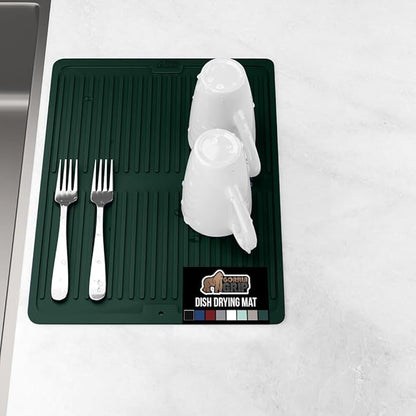 GORILLA GRIP 100% BPA-Free Silicone Dish Drying Mat for Kitchen Counter, Quick Dry, Water Catching Ribbed Design, Easy Clean Waterproof Sink Liner, Heat Resistant, Fits Under Rack, 11x13, Hunter Green