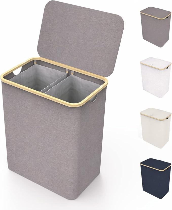 LONBET Laundry Basket with Lid, Made from Breathable Fabric | Aesthetic Clothes Hampers for Laundry with Side Handles & Sturdy Bamboo Frame (40 Gallons - Double, Gray)