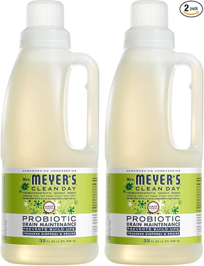 MRS. MEYER'S CLEAN DAY Probiotic Drain Maintenance Liquid,Lemon Verbena,Freshens Disposals and Drains,32 Fl Oz,(Pack of 2)