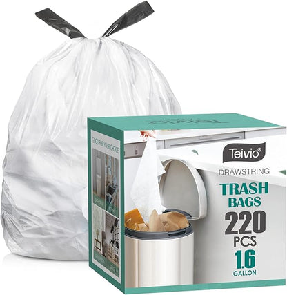 1.6 Gallon Small 220 Counts Strong Drawstring Trash Bags Garbage Bags by Teivio, Bathroom Trash Can Bin Liners, Plastic Bags for home office kitchen, White