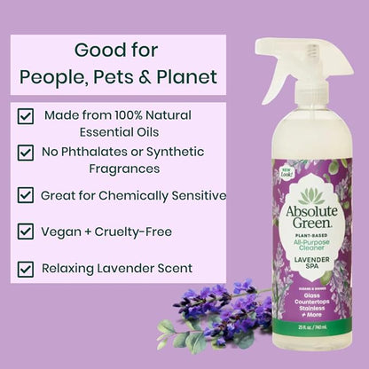 Absolute Green All Purpose Cleaner Spray, Non-Toxic, Kitchen, Bath, Countertop, Stainless, Safe around Kids + Pets, Natural Lavender Spa Scent, 25 oz (2 Pack)