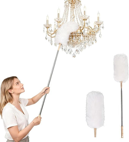 White Lambswool Extendable Duster, 32-98 Inch Bendable Wool Head with Anti-Static Properties and Stainless Steel Extension Pole for Ceiling Fans, High Walls, and Roof Dusting(one Pack)
