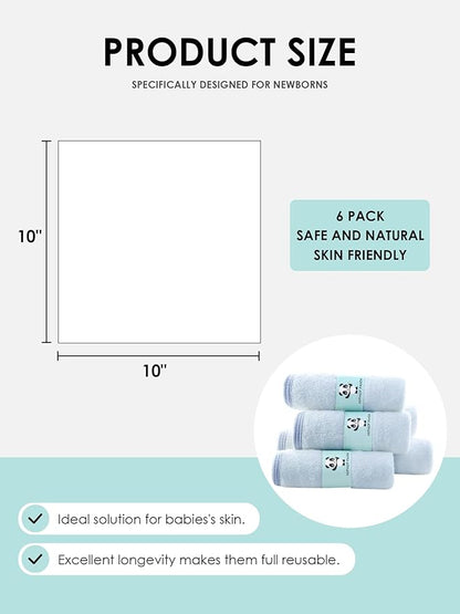 HIPHOP PANDA Baby Washcloths, Rayon Made from Bamboo - 2 Layer Ultra Soft Absorbent Newborn Bath Face Towel - Reusable Baby Wipes for Delicate Skin - Blue, 6 Pack