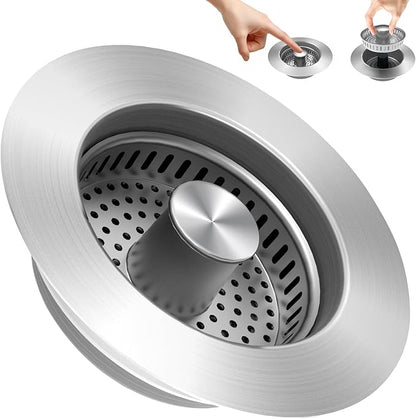 ULIOLI 3 in 1 Kitchen Sink Drain Strainer Sink Stopper, Stainless Steel Sink Drain Strainer with Anti-Clogging Basket, Kitchen Sink Drain Filter Plug for US Standard 3-1/2 Inch Drain (1Pack)
