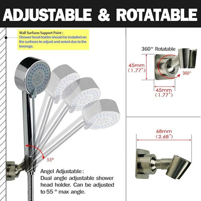 Shower Head Holder All Metal Handheld Shower Wand Bracket Adhesive Shower Wall Mount Holder Brass Shower Spray Holder Brushed Nickel, Drill Free Glue Installation