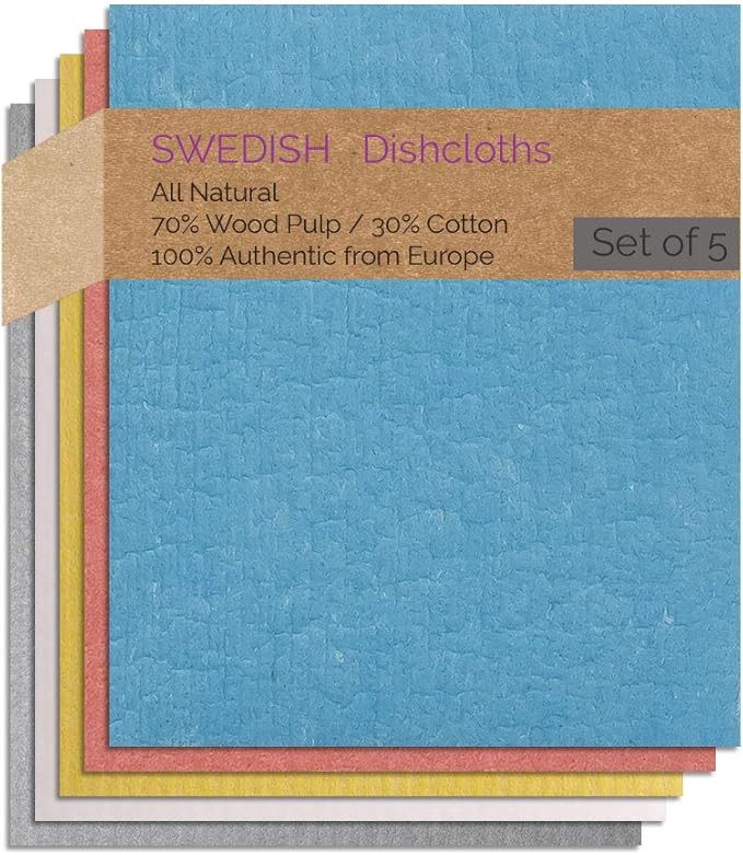 SWEDEdishcloths - Cellulose Sponge Dish Towels - Set of 5 (Blue, Salmon, Neutral, Yellow, Gray) Swedish Dish Cloths