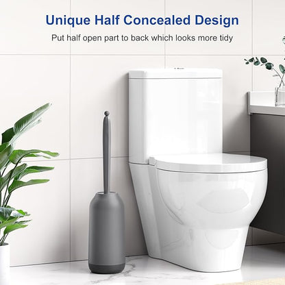 HAMITOR Toilet Bowl Brush Holder Set: Deep Cleaning Silicone Toilet Cleaner Scrubber Under Rim with Curved Bristle for Bathroom Dead Corner Clean - Modern Rv Toilet Decorative Accessories - Gray