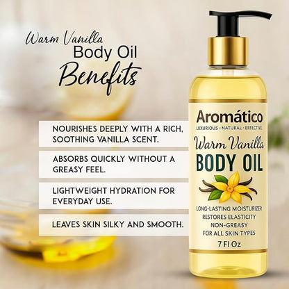 Aromatico Warm Vanilla Body Oil for Women - 7 fl oz | Moisturizing Scented Body Oil for After Shower Daily Use | Cozy, Creamy Vanilla Scent