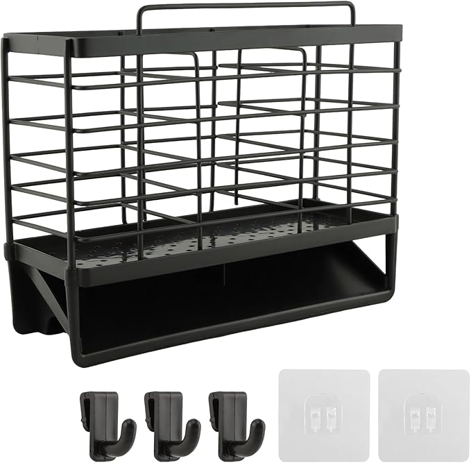3-Compartment Dish Drying Rack for Kitchen, Carbon Steel Utensil Holder with Drain Tray, Utensil Caddy Organizer for Knives, Forks, Spoons, Chopsticks, Wall Mount or Countertop(COLOR:Black)