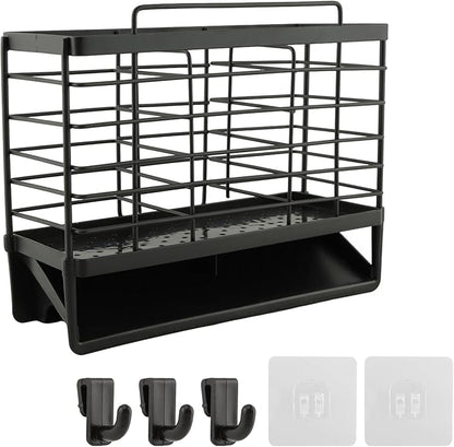 3-Compartment Dish Drying Rack for Kitchen, Carbon Steel Utensil Holder with Drain Tray, Utensil Caddy Organizer for Knives, Forks, Spoons, Chopsticks, Wall Mount or Countertop(COLOR:Black)