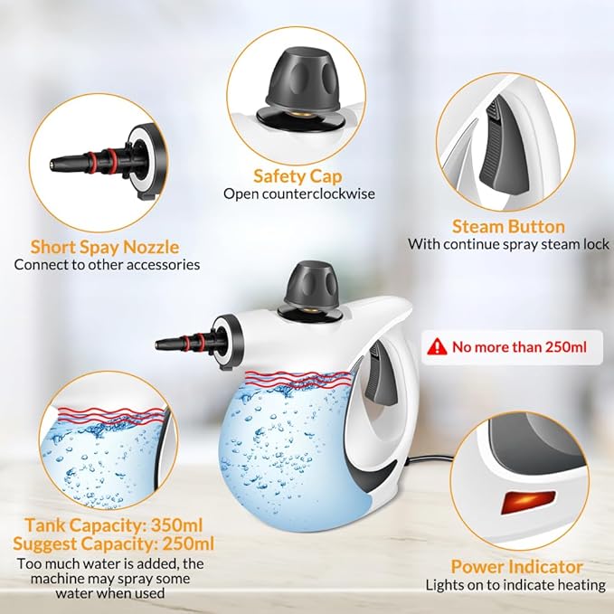 Handheld Pressurized Steam Cleaner with 12 pcs Accessories, Steamer for Cleaning, Steam Cleaner for Home Use, Steamer for Cleaning Car, Furniture, Floor, Upholstery, Grout and Tile, Deep Gray