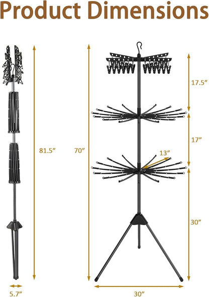 COSTWAY 3-Tier Clothes Drying Rack, Foldable Garment with 32 Hanging Rods & 24 Clips, 360° Rotatable Arms & Detachable Clip Rack, Collapsible Tripod Drying Rack for Laundry Room & Balcony, Black