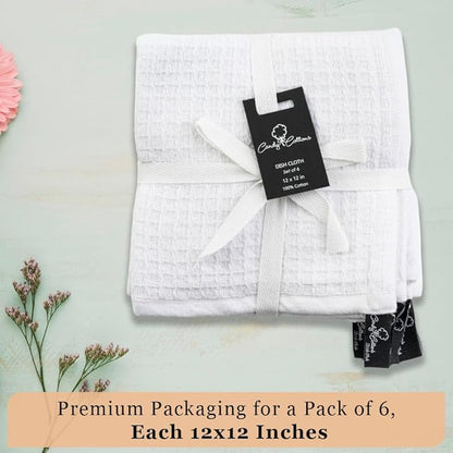 DishCloths Kitchen|Waffle Terry Weave Hand Towels|Cotton 12"x12" Reusable Dish Rags Washing Scrub Cleaning Dishes|Dish Bar Mop Towels Hand Wipes| washcloth |6 Pc Set-White