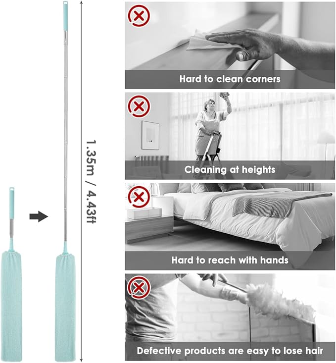 Gap Dust Cleaner Retractable Microfiber Gap Dust Brush Flexible Long Flat Gap Duster with Extendable Pole and Cloth Cover for Sofa Bed Furniture Bottom Ceiling Fan Blinds(Light Green)