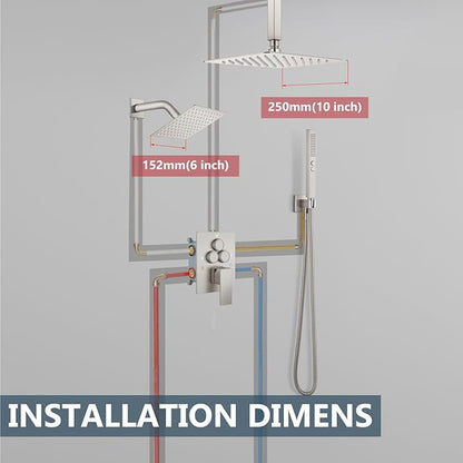 Aolemi Shower Faucet Set Ceiling Mount Shower System Rough-in Valve and Shower Trim Kit 2 in 1 Handheld Spray Push Button Diverter 10 and 6 Inch Dual Shower Head Brushed Nickel