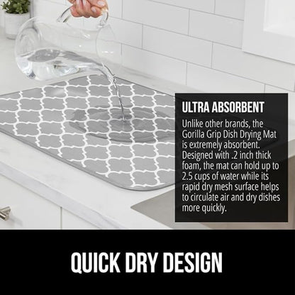 GORILLA GRIP Ultra Water Absorbent Microfiber Dish Drying Mat, 18x32, Quick Dry Thick Mesh, Slip Resistant Pad for Sink Dishes or Under Rack, Kitchen Counter Accessories, Machine Wash Mats, Quatrefoil