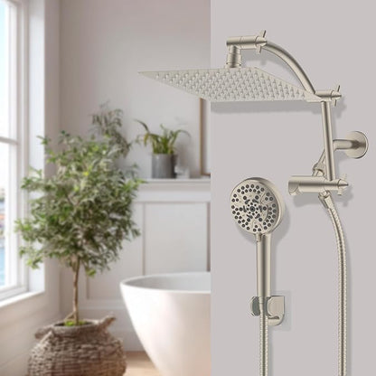 Hibbent All Metal cUPC Certified Shower Head, 8'' High Pressure Rain Shower Head, Handheld Showerhead Combo with 16'' Adjustable Extension Arm, 10 Sprays, 71'' Hose, Showerhead Holder, Brushed Nickel