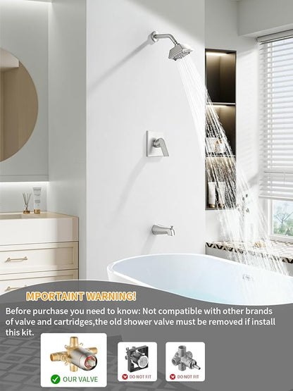 Brushed Nickel Shower Head and Handle Set 5 Inch Bathtub Faucet Shower Faucet with 6-Spray Shower Head Shower Valve Kit Modern Shower Set High-Pressure Shower Trim Kit