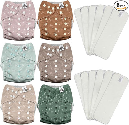 Mama Koala 3.0 Cloth Diapers for Babies with AWJ Lining, 6 Pack with 12 5-Layer Bboo(No Microfiber) Cloth Diaper Inserts - Reusable and Washable Pocket Diapers(12-My Warm Heart)