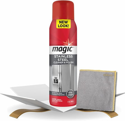 Magic Stainless Steel Cleaner & Polish Spray 17 oz Bundle with Microfiber Cloth - Foaming Formula for Easy Cleaning of Appliances, Sinks, and Chrome Surfaces - (2 Items)