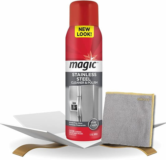 Magic Stainless Steel Cleaner & Polish Spray 17 oz Bundle with Microfiber Cloth - Foaming Formula for Easy Cleaning of Appliances, Sinks, and Chrome Surfaces - (2 Items)