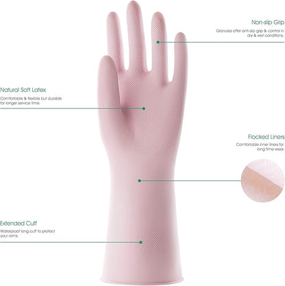COOLJOB Large Household Rubber Gloves with Cotton Liner & Non-slip Grip, Waterproof Long Lasting Dishwashing Gloves for Kitchen & Bathroom Cleaning, Light Pink, 1 Pair