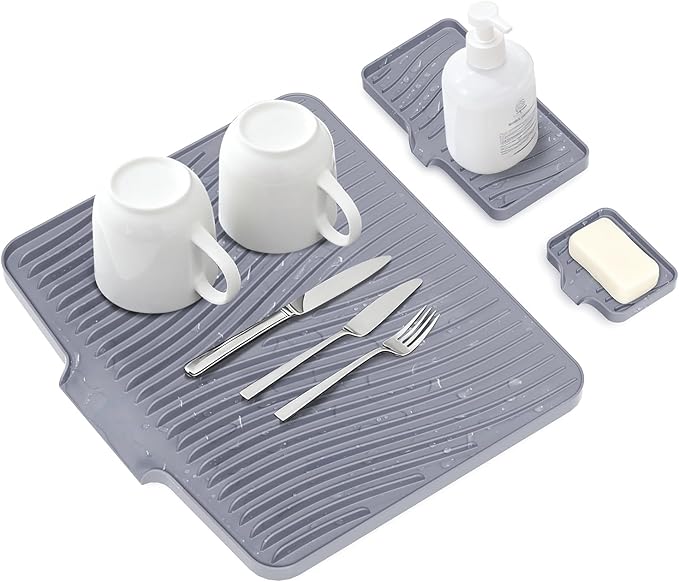 Silicone Dish Drying Mat for Kitchen Counter, Dish Drying Pad, Non-Slip Drain Pad with Built-in Drain, Heat Resistant Stone Drying Mat,Grey-1Set XL