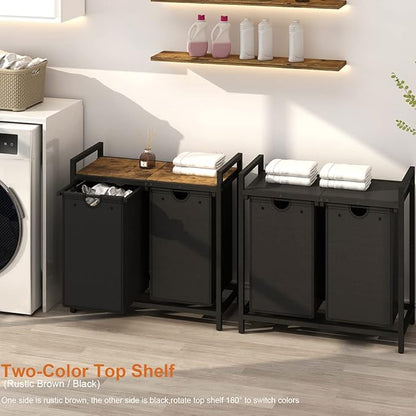 LAATOOREE Laundry Hamper, Two-Color 2 × 48L Laundry Basket with 2 Removable Laundry Sorter Bags and Top Shelf, Clothes Hamper for Laundry Room, Bathroom