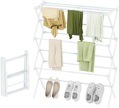 Foldable Drying Rack Clothing, 3-Tier Portable Clothes Drying Racks for Indoor & Outdoor, Anti-rust Compact Laundry Rack Collapsible, Compact Size, 15 lbs Max Load, White 28"D x 10"W x 35"H