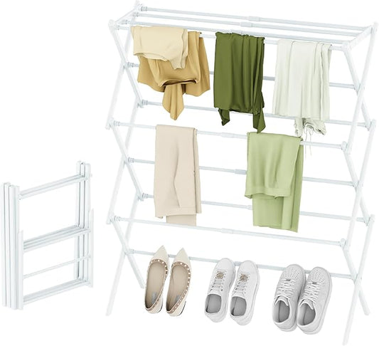 Foldable Drying Rack Clothing, 3-Tier Portable Clothes Drying Racks for Indoor & Outdoor, Anti-rust Compact Laundry Rack Collapsible, Compact Size, 15 lbs Max Load, White 28"D x 10"W x 35"H