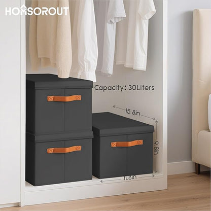 Storage Bins with Lids - Large Fabric Closet Bins with Lid, 8 Pack Clothes Organizers and Storage, Collapsible Stackable Cube Basket for Home, Office, Dorm, Black