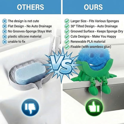 Creative Hanging Sponge Holder with Drainage/Traceless Glue, 3D Printing Countertop Funny Sponge Holders for Kitchen Sink, Keeps Your Sponge Dry & Smiling, for Scrub Daddy Holder (1, Green)