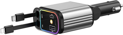 Fast Car Charger with Starlight, 4 in 1 Retractable Car Charger, 69W USB C Adapter, Cars Accessories with Starlight Roof, 2 USB Ports Phone Cars Chargers Compatible with iPhone 16 15 14 and Android
