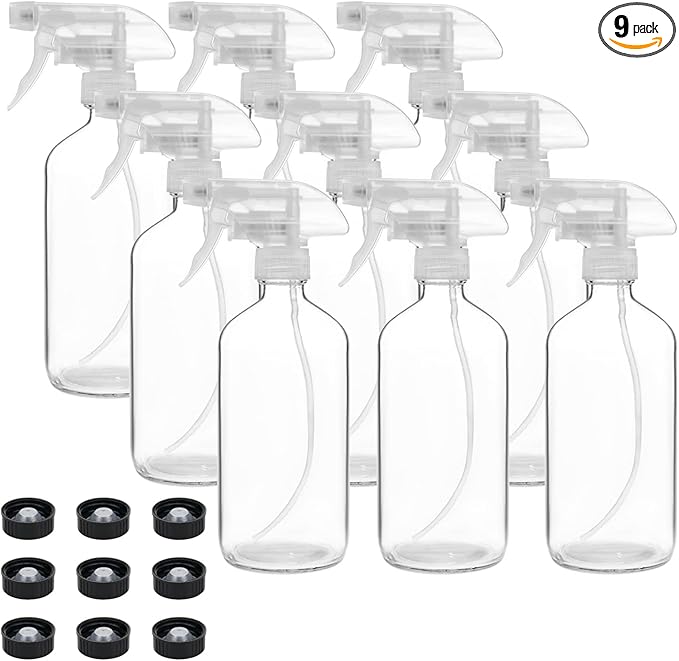 Suwimut 9 Pack Glass Spray Bottles, 16oz Empty Clear Boston Round Bottles Refillable Container with Trigger Sprayer for Cleaning Solutions, Essential Oils, Misting Plants