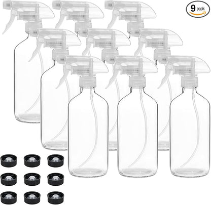Suwimut 9 Pack Glass Spray Bottles, 16oz Empty Clear Boston Round Bottles Refillable Container with Trigger Sprayer for Cleaning Solutions, Essential Oils, Misting Plants