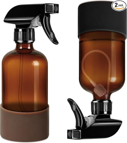 Tecohouse 2 Pack 360° Amber Glass Spray Bottles with Silicone Sleeve, 16 oz Empty Refillable Containers with Adjustable Spray Nozzles, Dark Spray Bottles for Cleaning Solutions, Plants (Black & Brown)