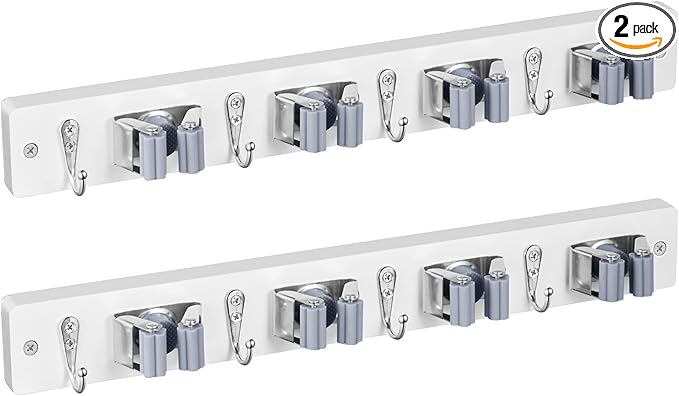 OUTNILI 2 Pack Mop Broom Holder Wall Mount - White Wood Broom Mop Hanger - Wall Mounted Garden Tool Rack Organizer for Closet Garage Laundry Room, 4 Slots & 4 Hooks