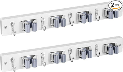 OUTNILI 2 Pack Mop Broom Holder Wall Mount - White Wood Broom Mop Hanger - Wall Mounted Garden Tool Rack Organizer for Closet Garage Laundry Room, 4 Slots & 4 Hooks
