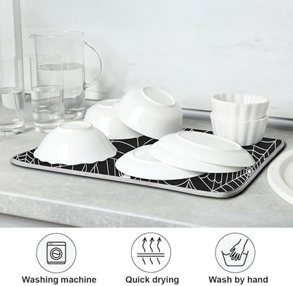 Halloween Spooky Spider Web Dish Drying Mat for Kitchen Happy Halloween Creepy Decoration Microfiber Drying Mats Absorbent Reversible Dish Pad Medium Dish Draining Mat 16x18 inch