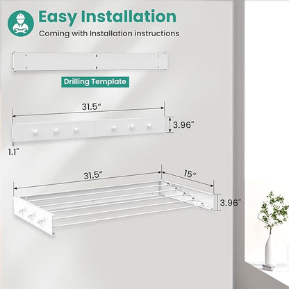 Upgrade 6 Knob Wall Mounted Clothes Drying Rack, Foldable Collapsible, Indoor, Clothing & Towel Drying Rack with Wall Template, 5 Rods, 31.5