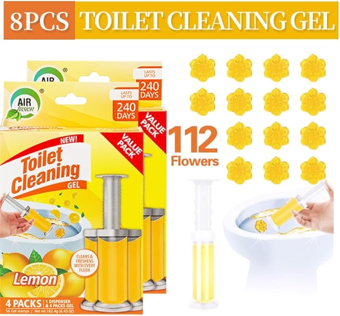 Toilet Cleaning Gel Lemon Scent. Pack of 4 (6.43oz) with 56 Gel Stamps for Continuous Toilet Cleaning, Deodorizing & Fruity Freshness.