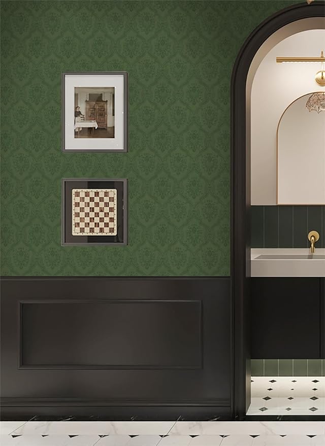 Dimoon 393"x16.1" Wallpaper Green Peel and Stick Removable Contact Paper Delicate Thicken Waterproof Retro Dark Green Self Adhesive Floral Wallpaper for Bedroom Shelf Liner Decal Vinyl Roll