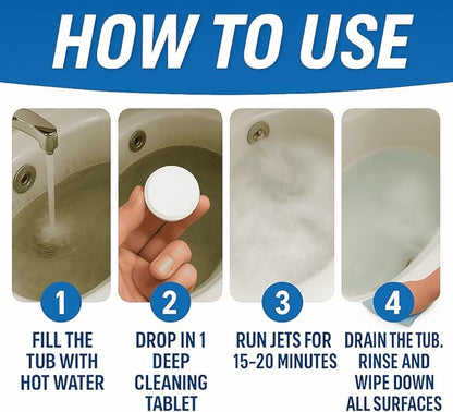 Jetted Tub Cleaner Bathtub Tabs - 12 ACTIVE Cleaning Tablets, Compatible with Whirlpool & Spa Bath System, Jets, Whirl Tubs, Professional Septic Safe Bath Jet Scale and Residue Remover - 1 Year Supply