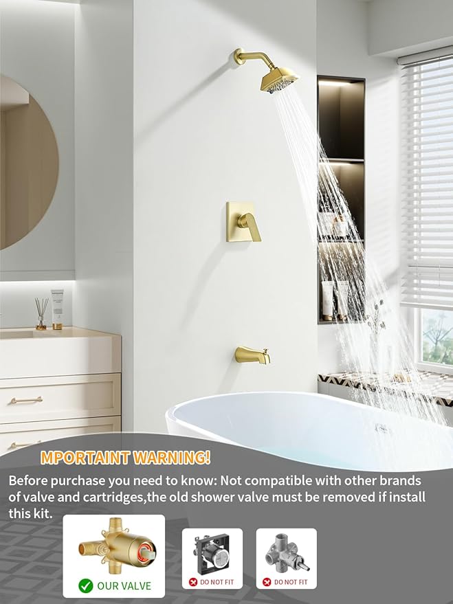 Brushed Gold Shower Head and Handle Set 5 Inch Bathtub Faucet Shower Faucet with 6-Spray Shower Head Shower Valve Kit Modern Shower Set High-Pressure Shower Trim Kit