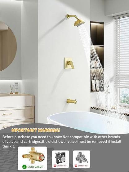 Brushed Gold Shower Head and Handle Set 5 Inch Bathtub Faucet Shower Faucet with 6-Spray Shower Head Shower Valve Kit Modern Shower Set High-Pressure Shower Trim Kit