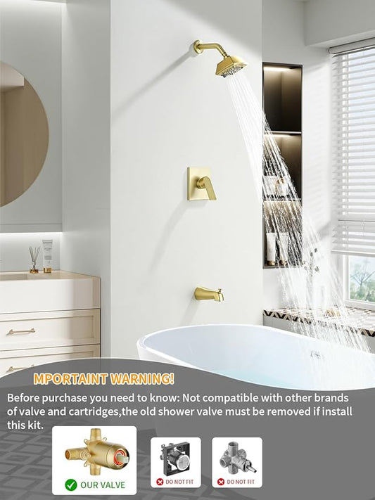 Brushed Gold Shower Head and Handle Set 5 Inch Bathtub Faucet Shower Faucet with 6-Spray Shower Head Shower Valve Kit Modern Shower Set High-Pressure Shower Trim Kit
