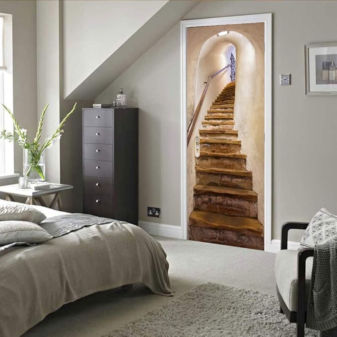 3D Door Stickers Murals - Peel and Stick Stairs Wallpaper Self-Adhesive Removable PVC Waterproof Brown Modern 33.9" x 78.7"