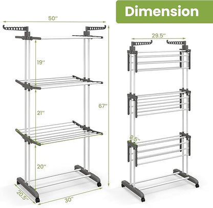 Giantex Foldable Clothes Drying Rack, Oversized 4-Tier Collapsible Laundry Rack w/ 3 Retractable Trays, Hanger Holders, Moveable Laundry Garment Dryer Stand w/Wheels for Indoor Outdoor Use