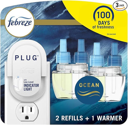 Febreze Plug in Air Freshener, Odor-Fighting Scented Oil Starter Kit, Air Fresheners for Home and Bathroom and Kitchen, Long Lasting for Strong Odors, Ocean Scent, Warmer + 2 Refill